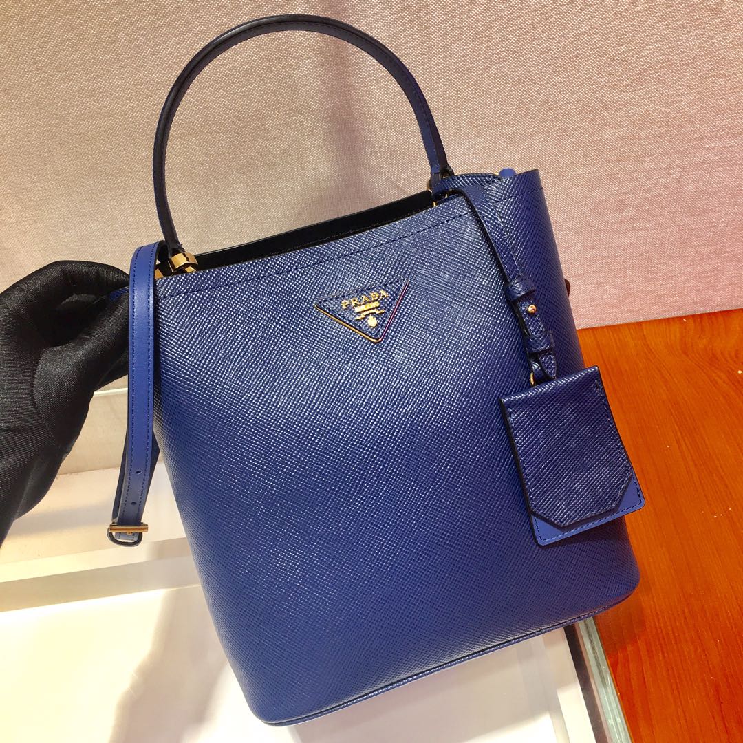 Prada Medium Panier Saffiano Leather Bag Blue/Black 1BA212